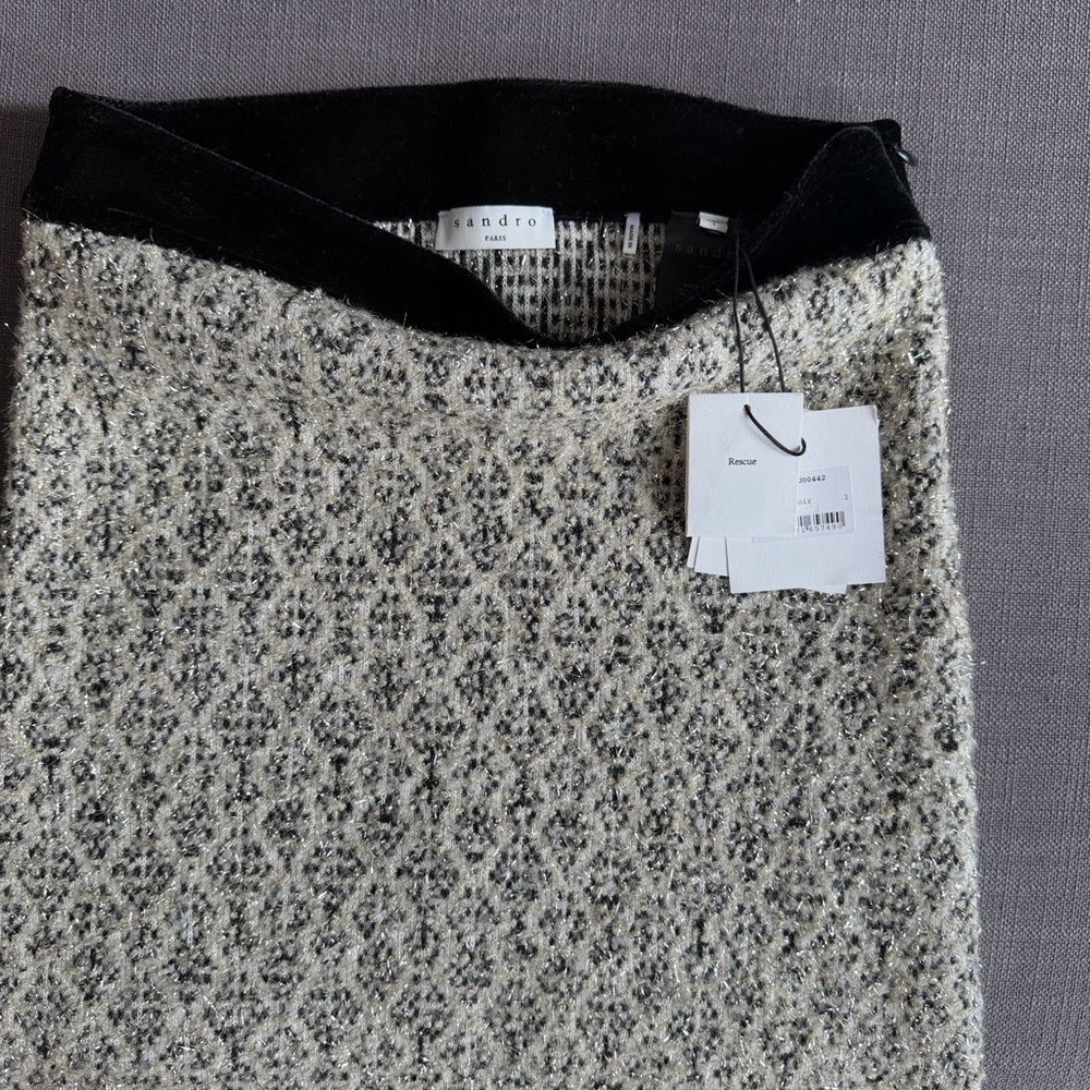 Sandro Cream and Black Tweed Pencil Skirt with Velvet Waistband
